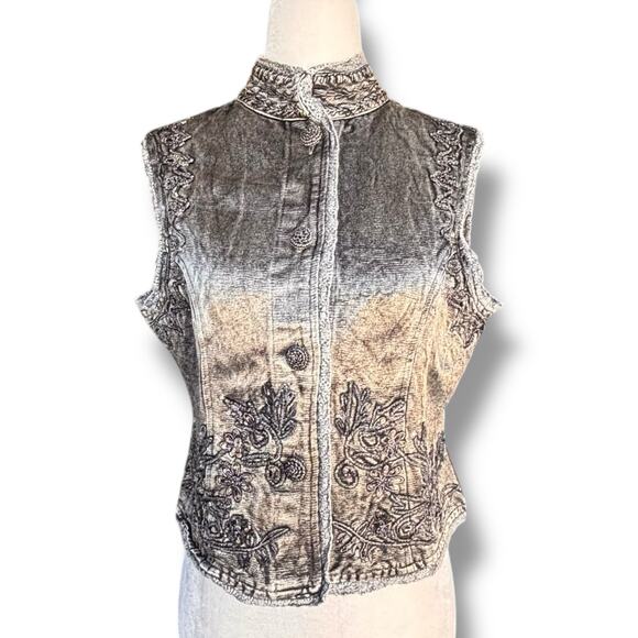 Vintage 90s Flashback Embroidered Metallic Gray Beaded Vest Floral Detail Boho - Picture 3 of 13
